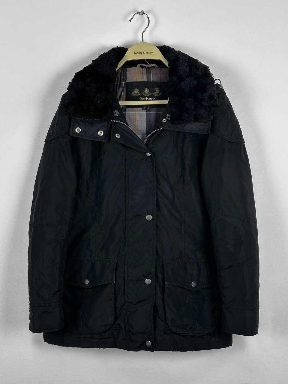Barbour Tartan Fur Trim Black Winter Jacket - Main Image
