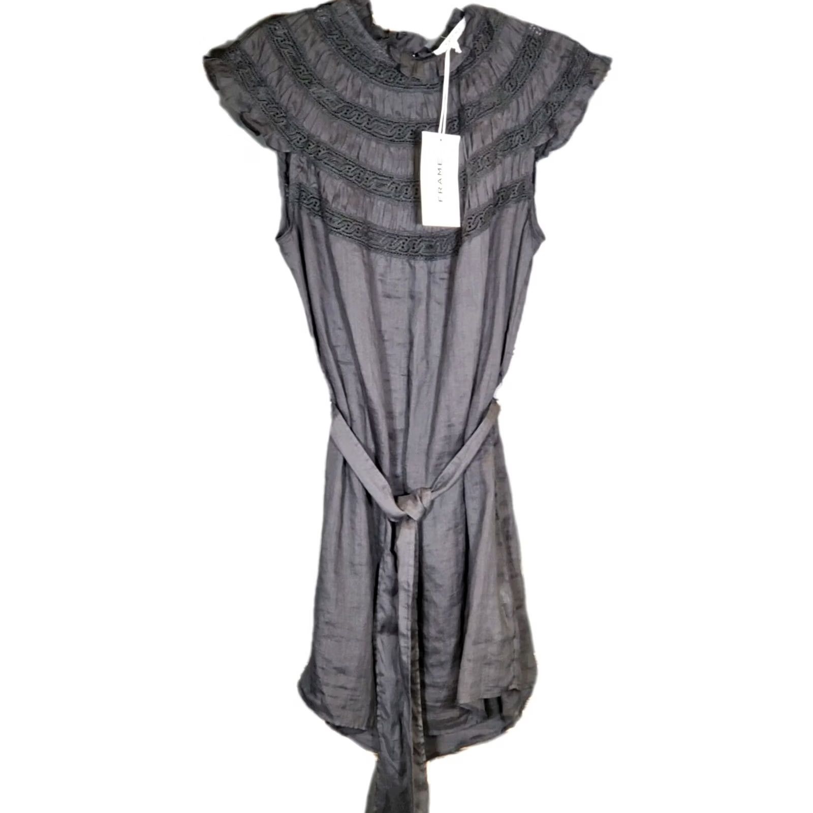 Frame FRAME Black Lace Inset High Mock Neck Ruffe Cap Sleeve 100% Ramie Mini Dress Womens M New with Tags NWT Size M / US 6-8 / IT 42-44 - 6 Thumbnail