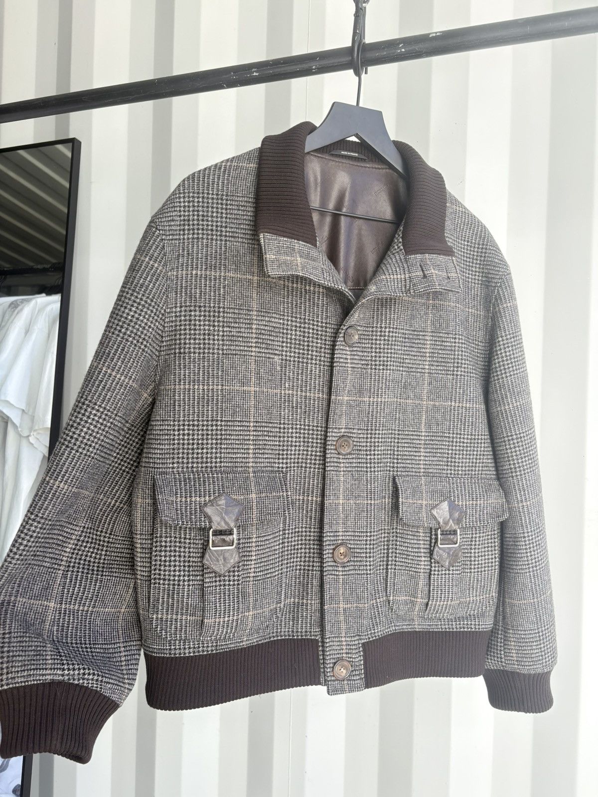 Hermes Plaid Wool Bomber Jacket with Leather Buckles