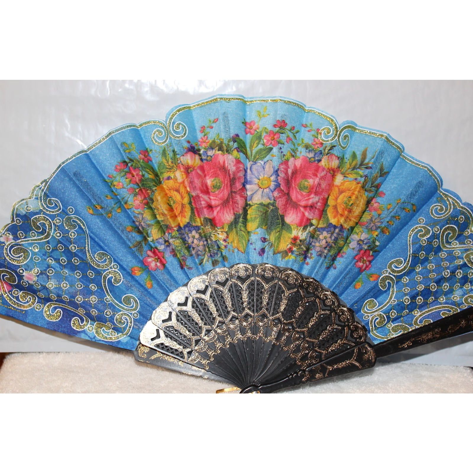 Vintage Vintage Hand Fan with Flowers, Small Blue Handheld Fan, 16 Inches, Wedding Decor, Party Accessory Size ONE SIZE - 2 Thumbnail