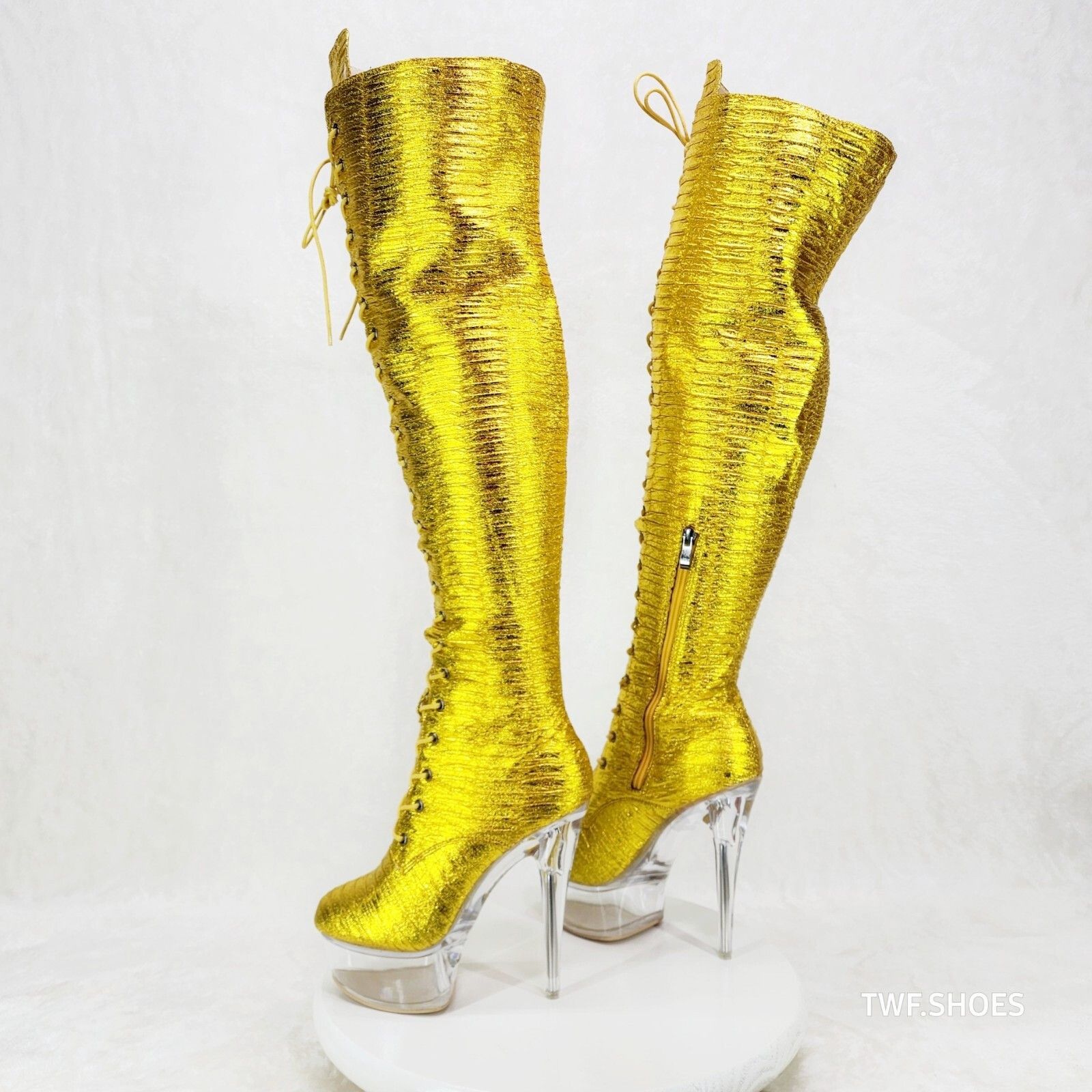 Other Bulls Metallic Yellow Gold OTK Clear Platform High Heel Thig Size US 8.5 / IT 38.5 - 5 Thumbnail
