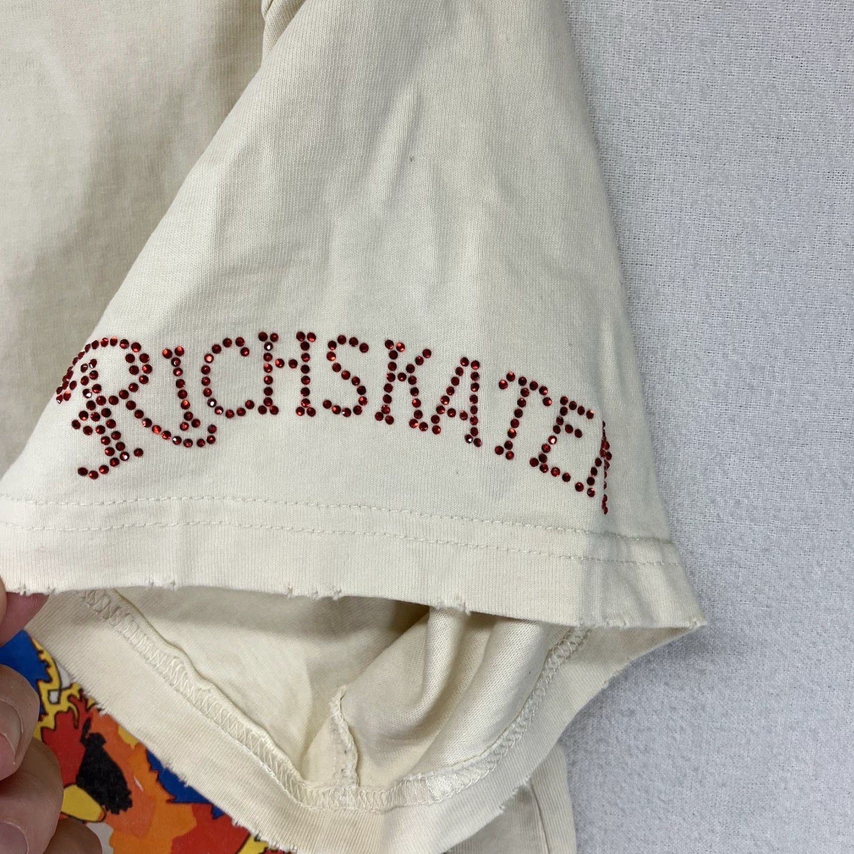 Vintage Rich Skater Women's T-Shirt Short Sleeve Crew Neck Beige 100% Cotton Distressed Graphic Rhinestone Bling Vintage No Size S / US 4 / IT 40 - 4 Thumbnail