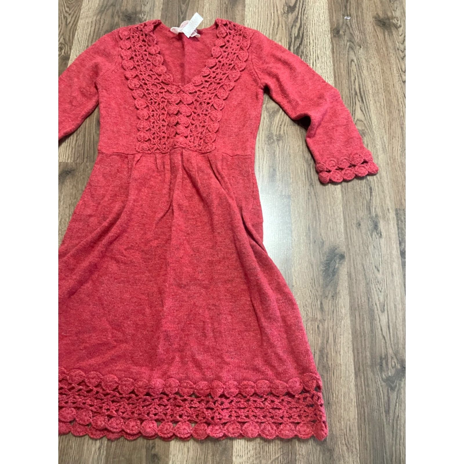 Vintage Nick & Me Dress Women's Size Small Red V-Neck Long Sleeve Crochet Dress Size S / US 4 / IT 40 - 4 Thumbnail