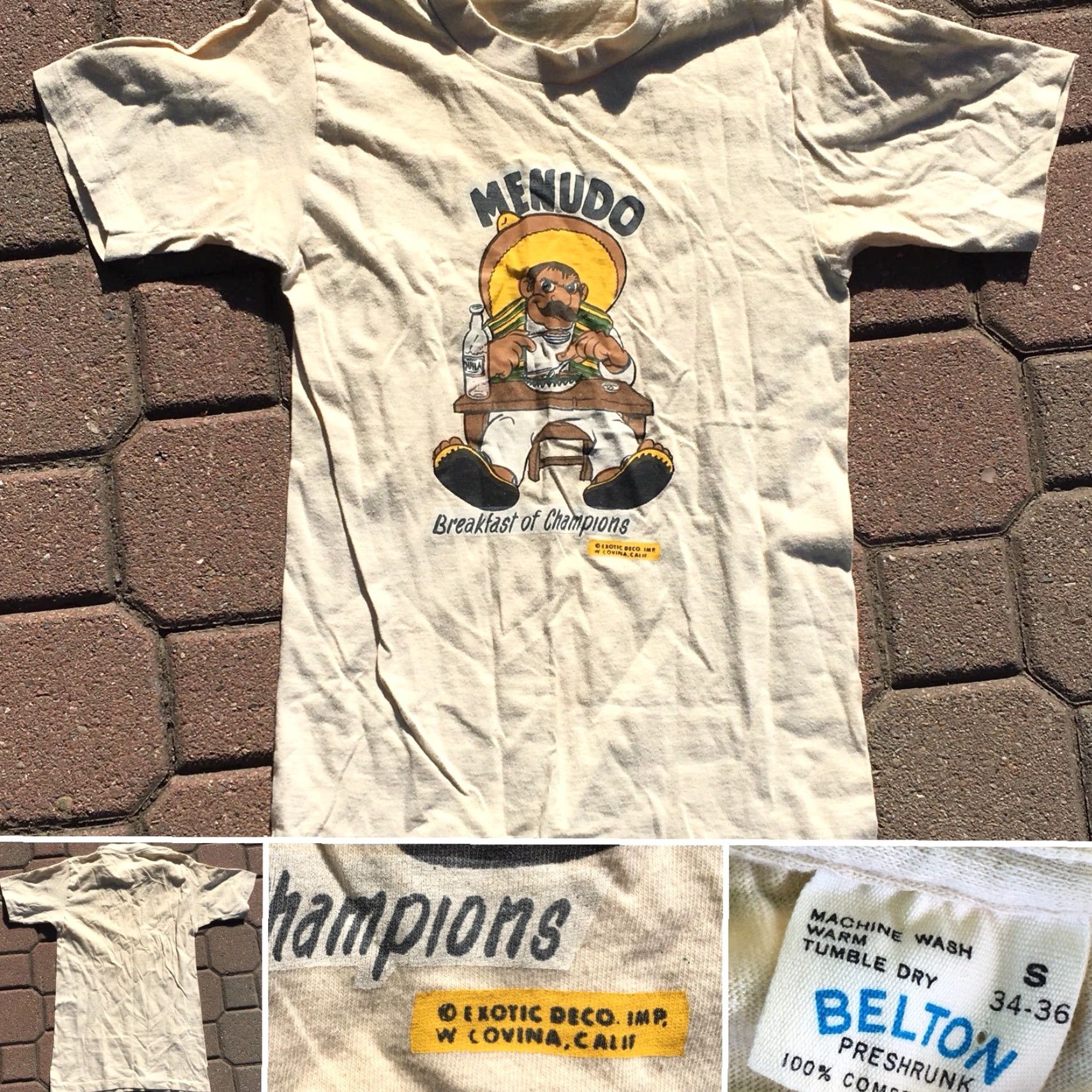 Champion VINTAGE Belton Menudo Breakfast of Champions T-Shirt S Short Sleeve Beige 1970s Mens Graphic Tee USA Size US S / EU 44-46 / 1 - 5 Thumbnail