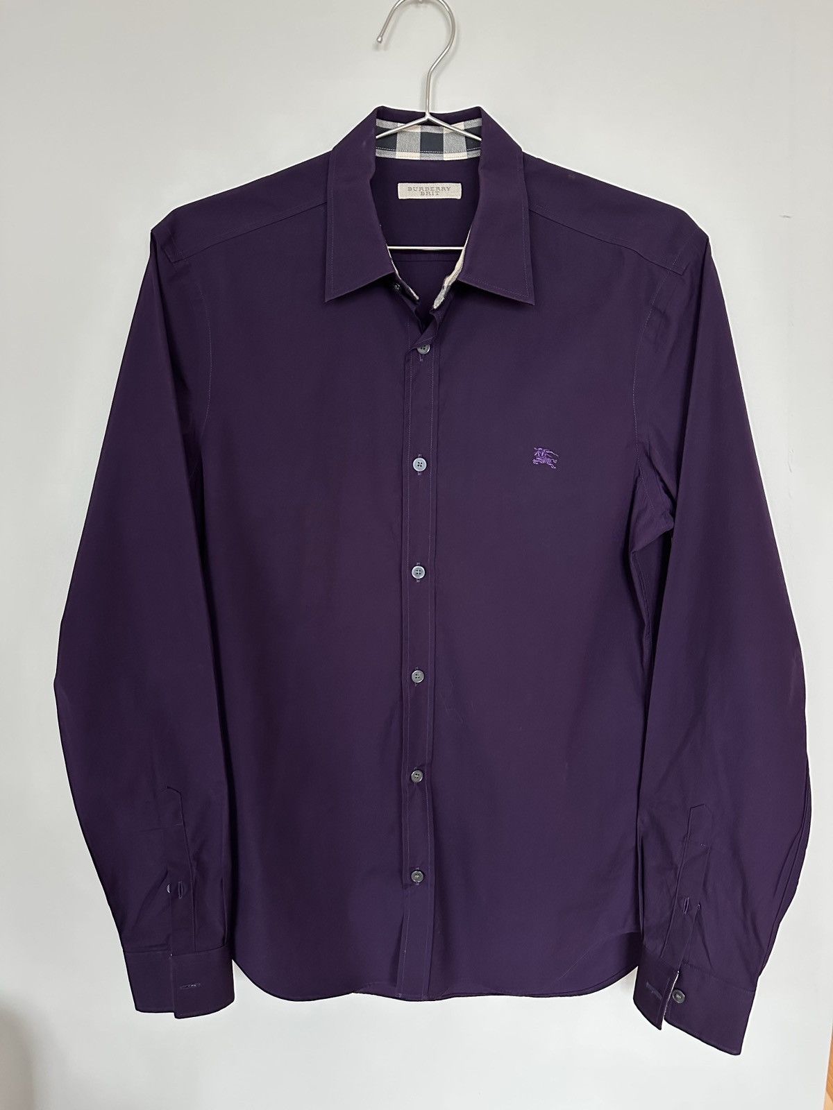 image of Burberry Check Button Up Shirt in Purple, Men's (Size Small)