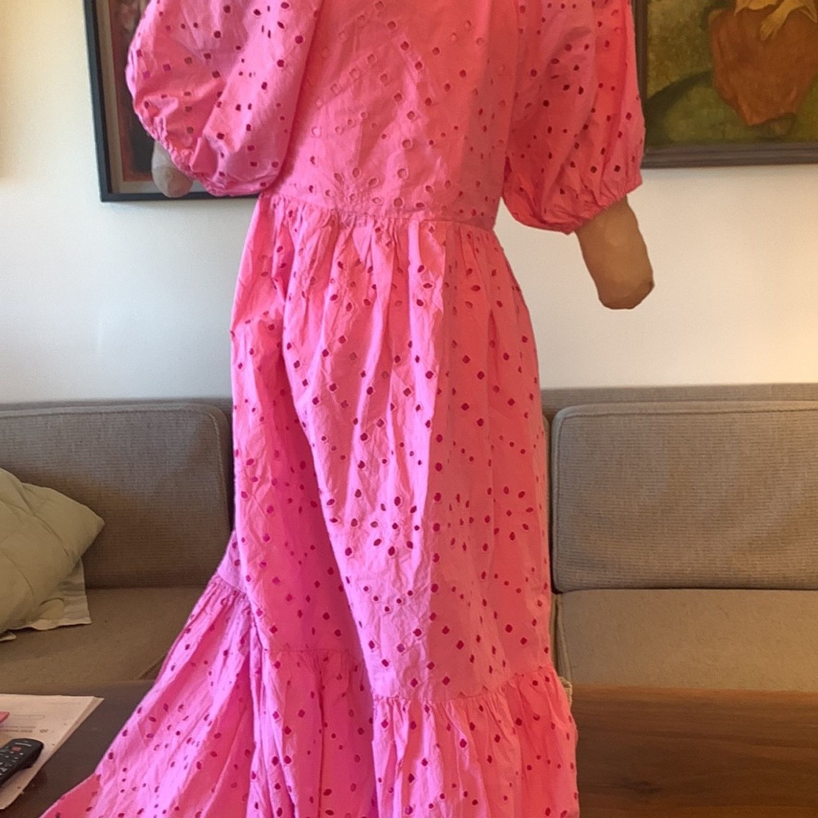 Zara BNWT Zara pink puff sleeve cotton eyelet dress Size L / US 10 / IT 46 - 10 Thumbnail