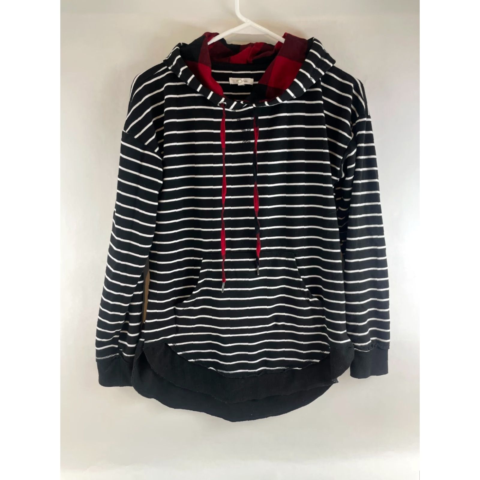 Vintage Maurices Hoodie Women’s Small Black White Stripe Fleece Lined Buffalo Check Pullover Activewear Size S / US 4 / IT 40 - 2 Thumbnail