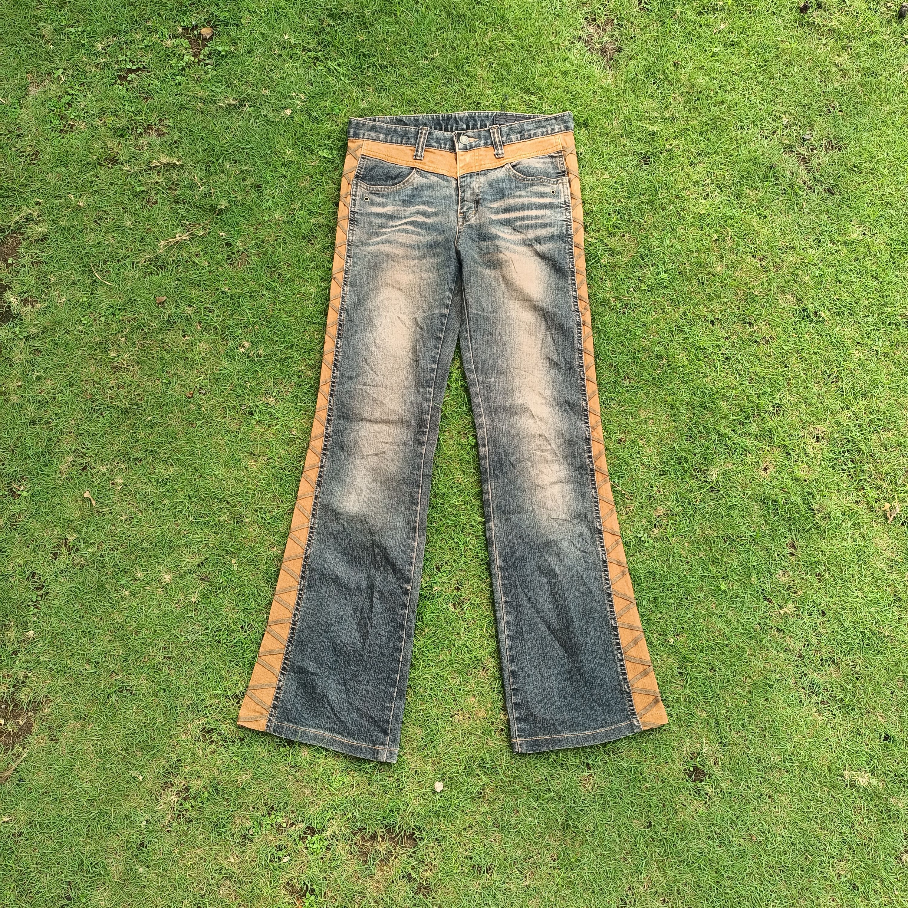 Archival Clothing blue jam panelled mud flared jeans | Grailed