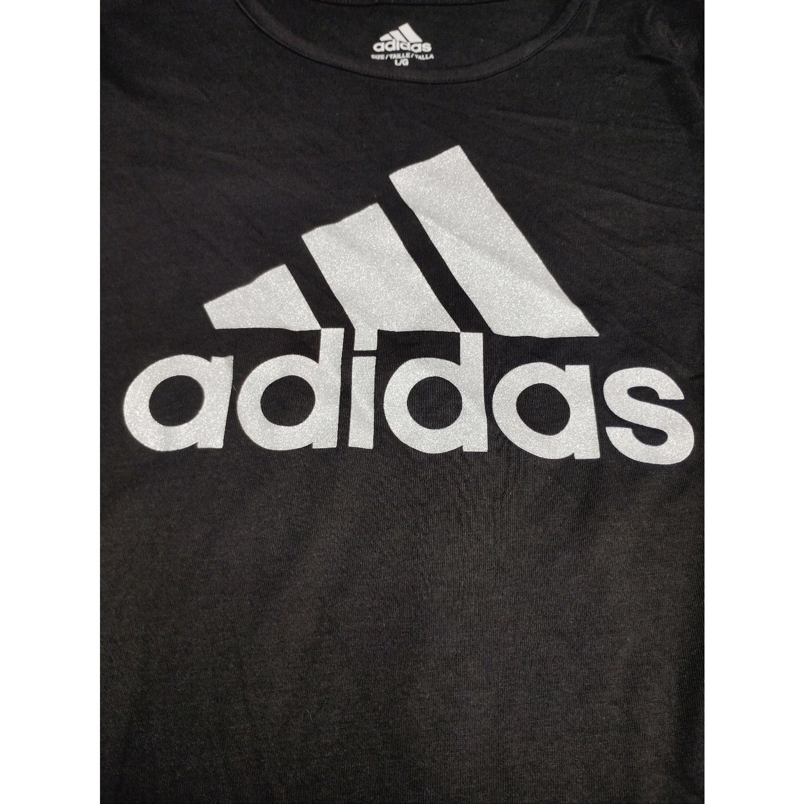 Adidas Adidas Black Tee with Sparkly Silver White Logo Short Sleeve Size L / US 10 / IT 46 - 2 Thumbnail
