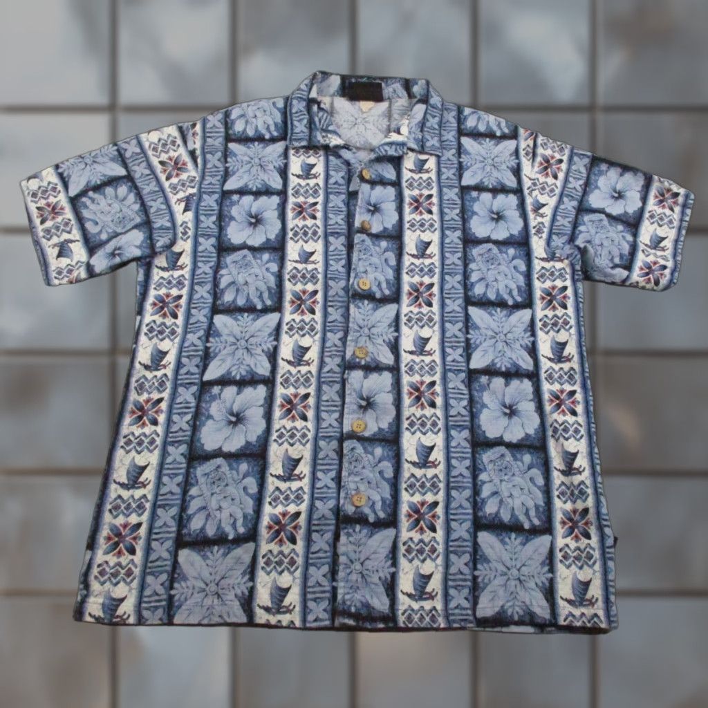 Vintage VINTAGE ODO Hawaiian Shirt Mens Large Blue Tiki Hibiscus Sailboat Camp Collar Aloha Casual Short Sleeve Floral Button-Up Size US L / EU 52-54 / 3 - 1 Thumbnail
