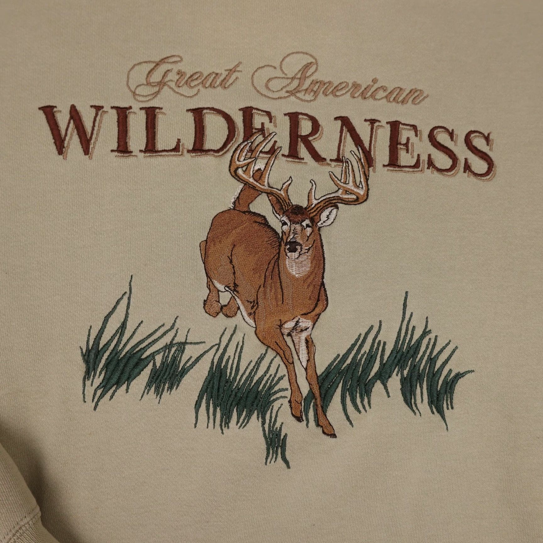 Greats VINTAGE Lost Terrain Sweatshirt Mens XL Beige Graphic Print Embroidered Deer Outdoor Nature Animals Pullover Crew Neck Cotton Polyester Fleece Size US XL / EU 56 / 4 - 4 Thumbnail