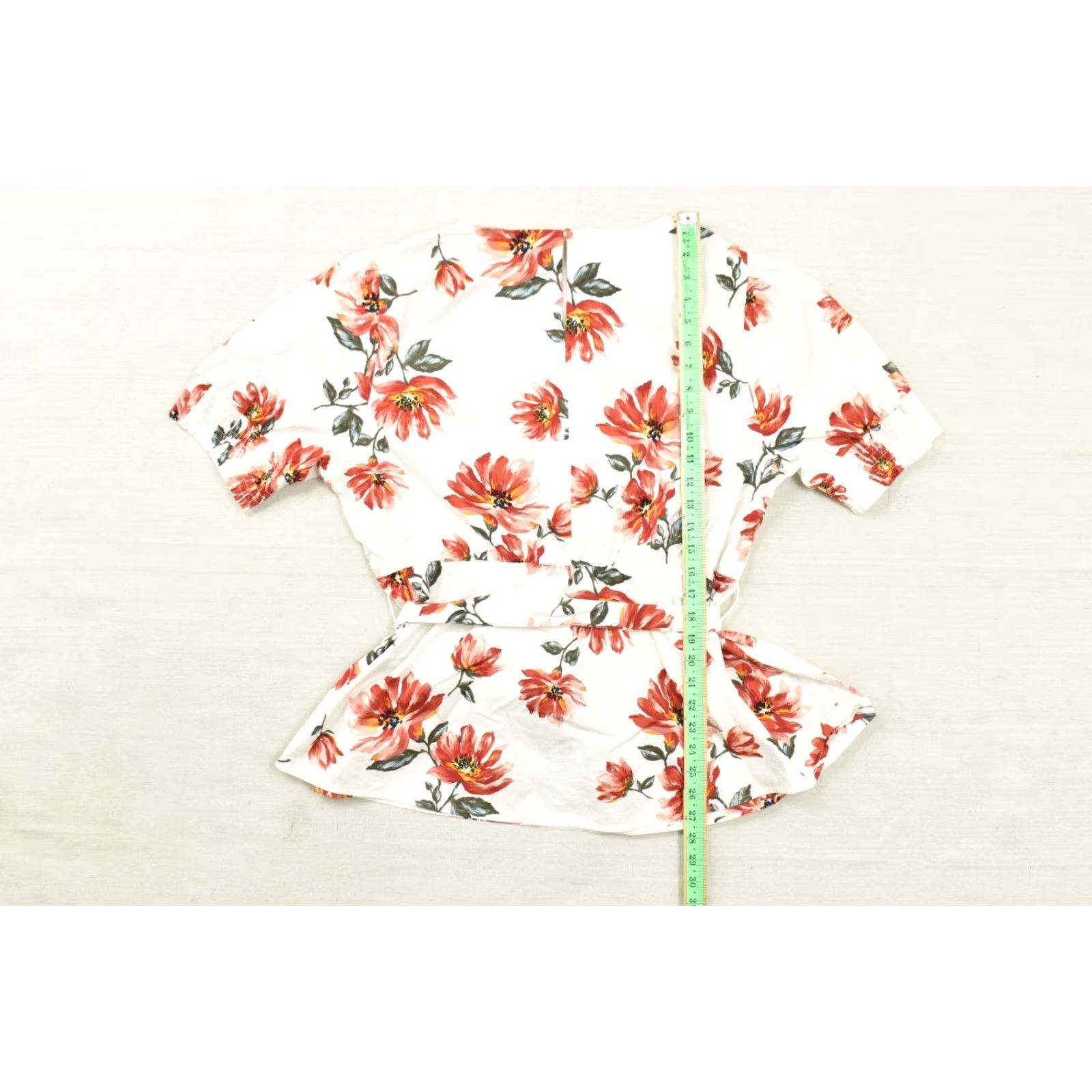 Vintage Lane Bryant Women Size 18 Blouse V-Neck White Floral Belted Peplum Top Cotton Spandex Size XXL / US 16-18 / IT 52-54 - 3 Thumbnail