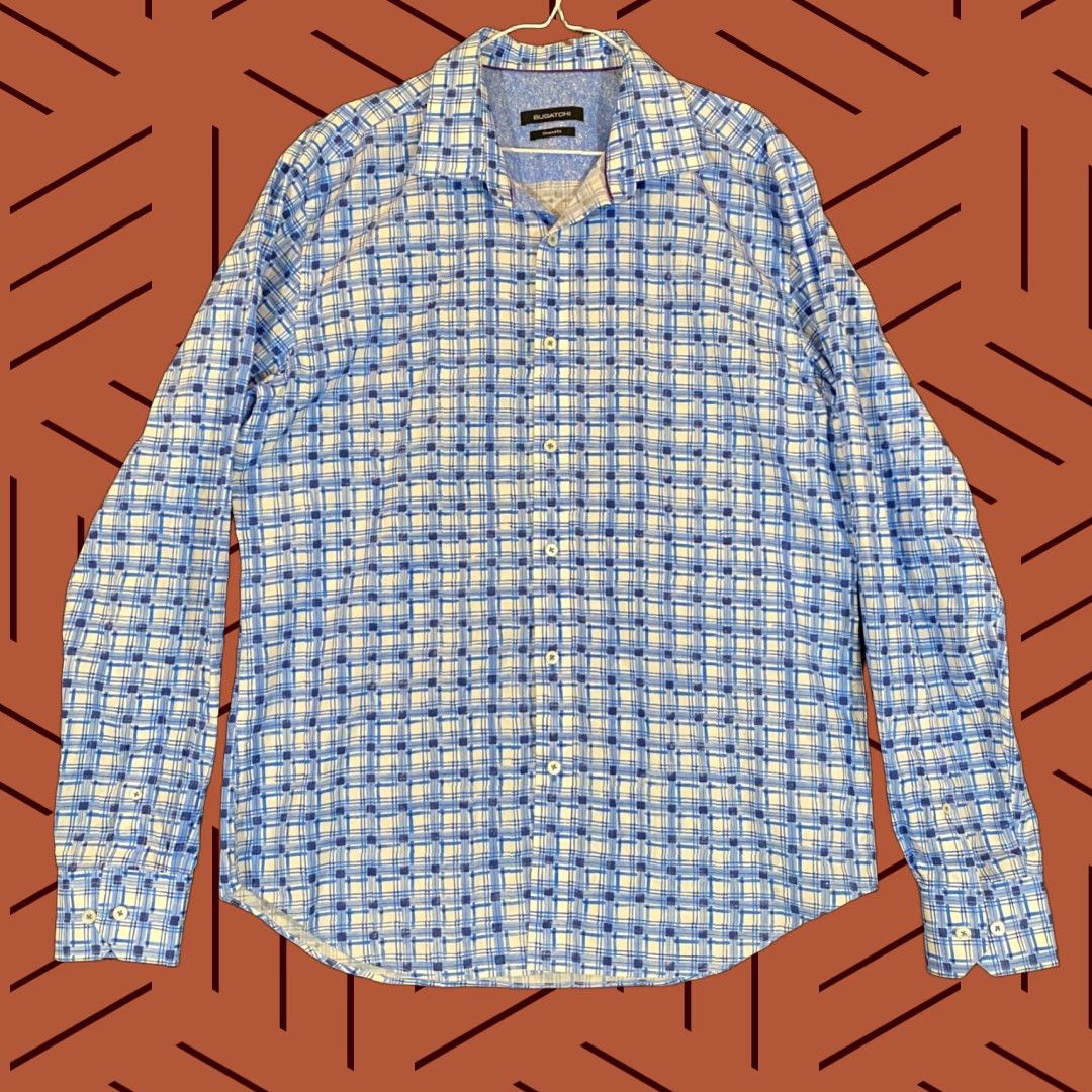 BUGATCHI VINTAGE Bugatchi Uomo Men's Shirt Long Sleeve Button-Up Collared Casual Blue Plaid Geometric Shirt, Large Size US L / EU 52-54 / 3 - 1 Thumbnail
