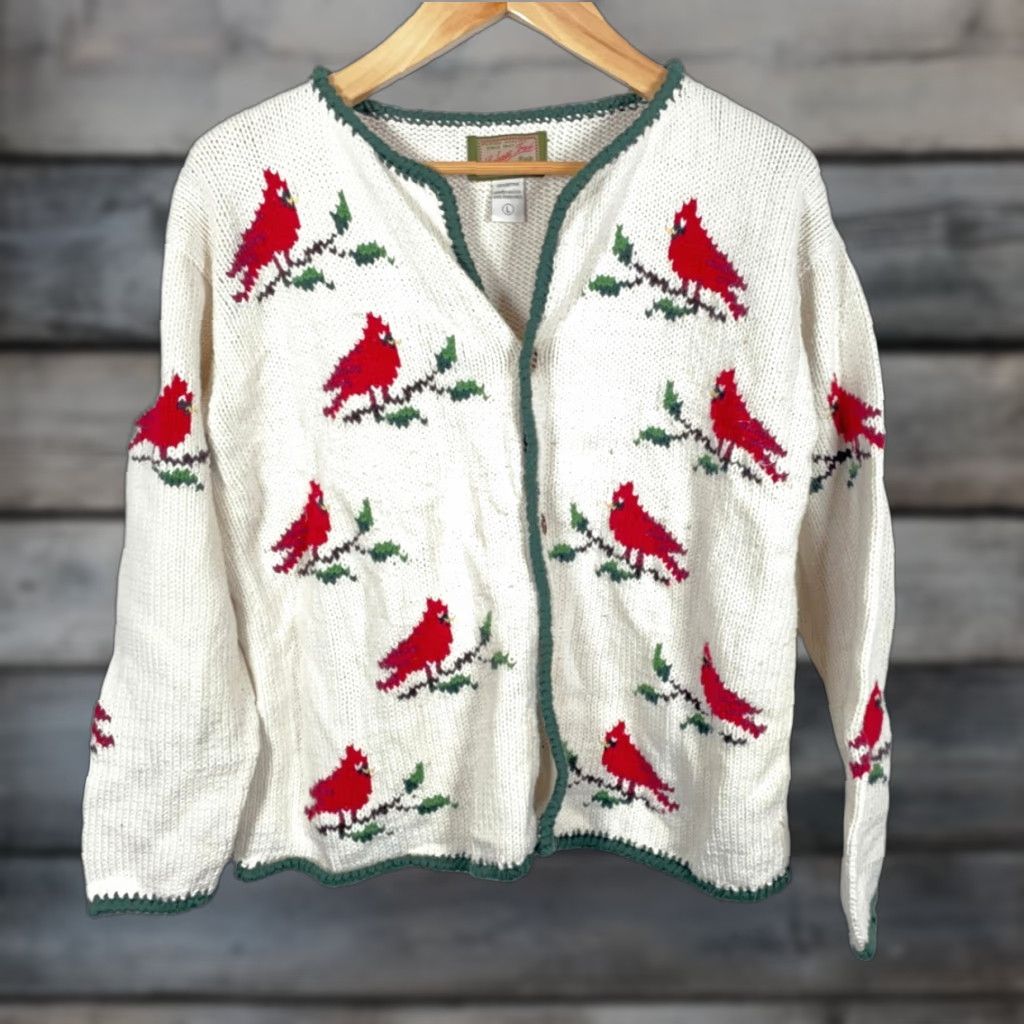 Vintage VINTAGE Leelanau Trail Cardigan Women's Large Ivory Cardinal Motif 100% Cotton Chunky Knit Long Sleeve Collared Mermaid? Size L / US 10 / IT 46 - 1 Thumbnail