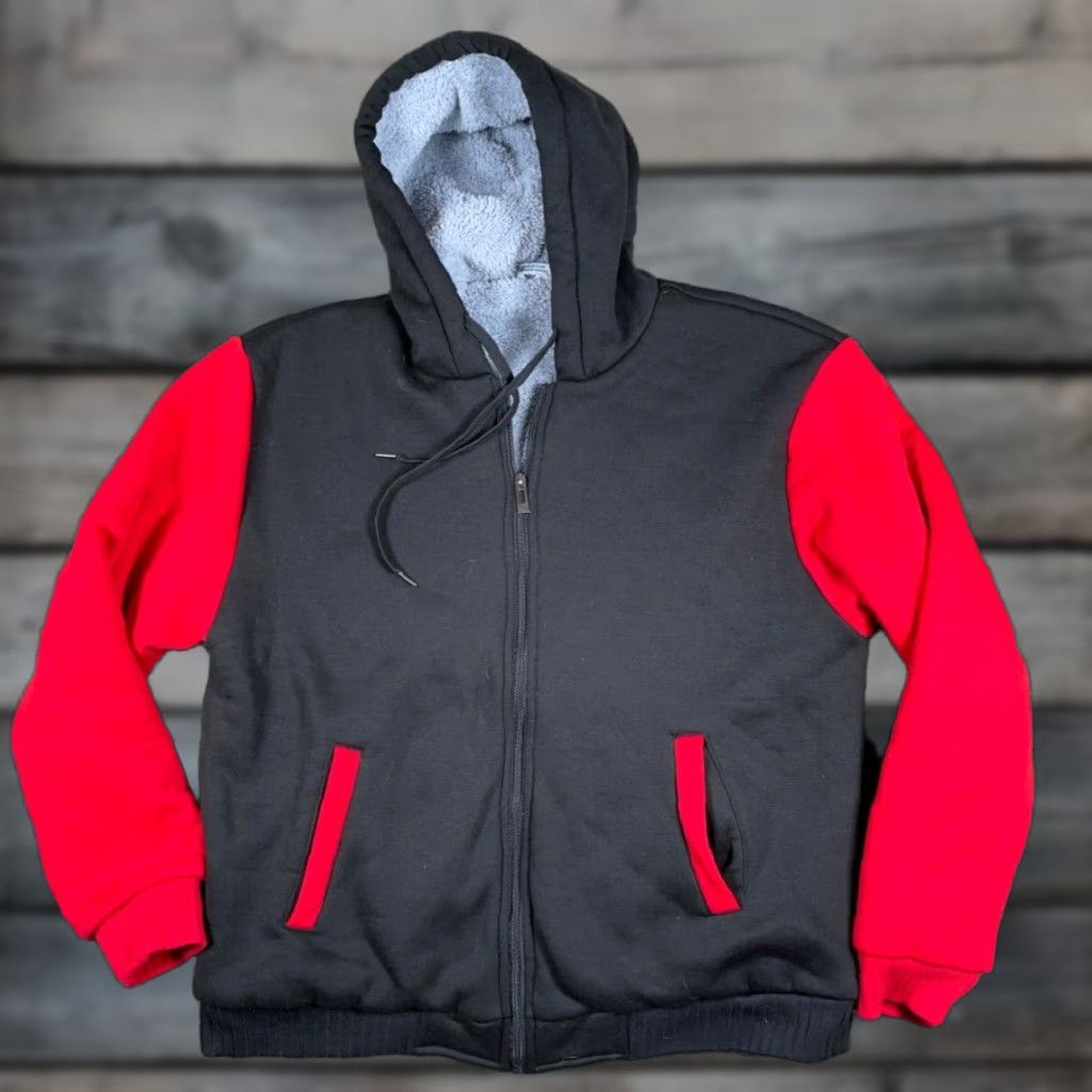 Vintage Sherpa Lined Zip Hoodie Adult XL Black Red Heavyweight Polyester Sweatshirt Size US XL / EU 56 / 4 - 1 Thumbnail
