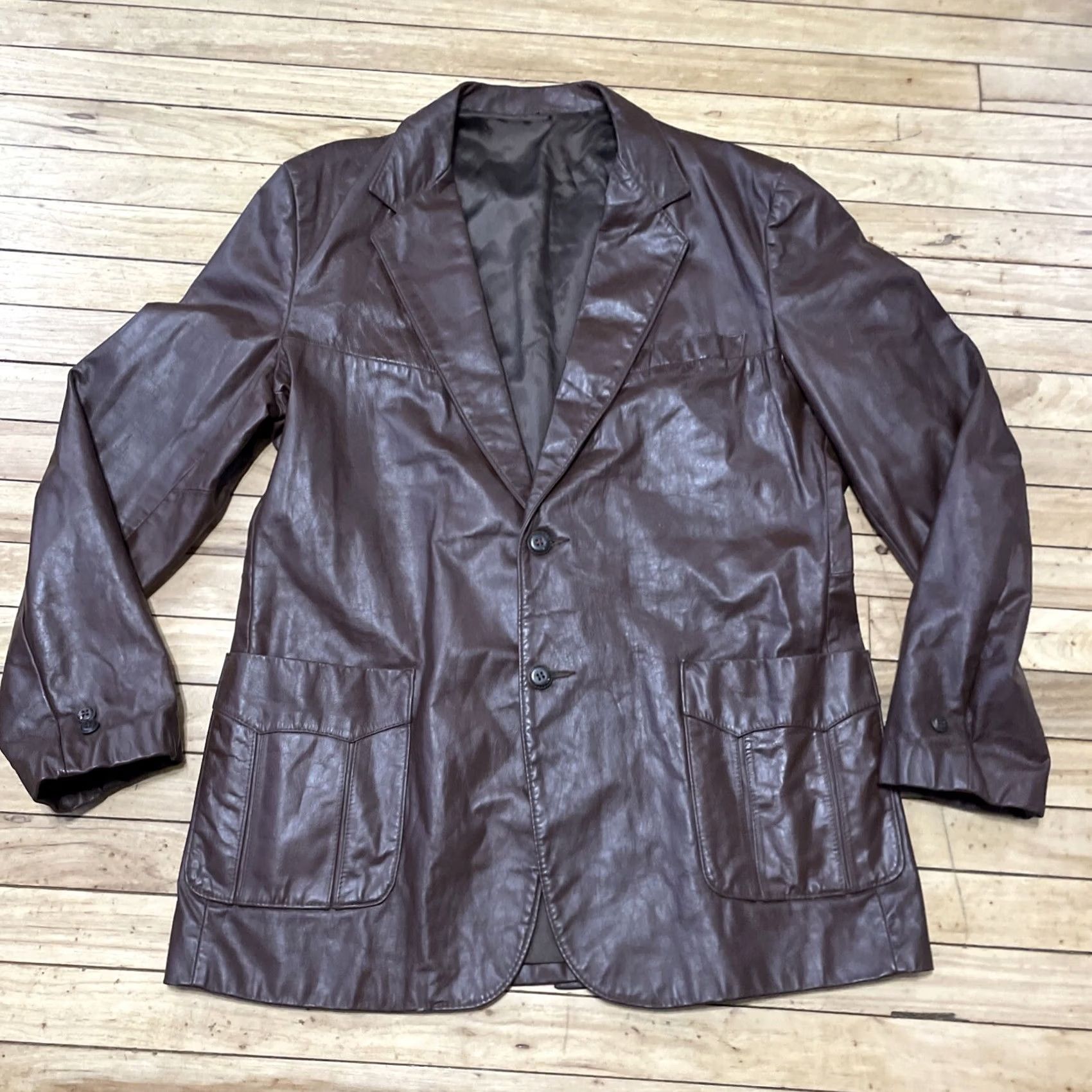 Sears VINTAGE Sears Clipper Mist Men 44 Tall Leather Blazer Jacket Brown 70s Western Chore Style 44T Mens Size 44R - 3 Thumbnail