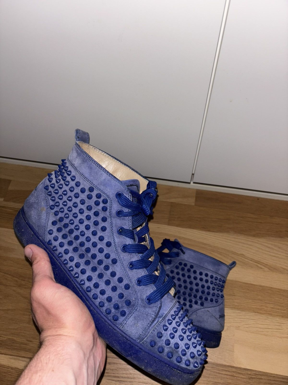 Christian Louboutin Louis Flat Spikes High Top Sneakers Blue