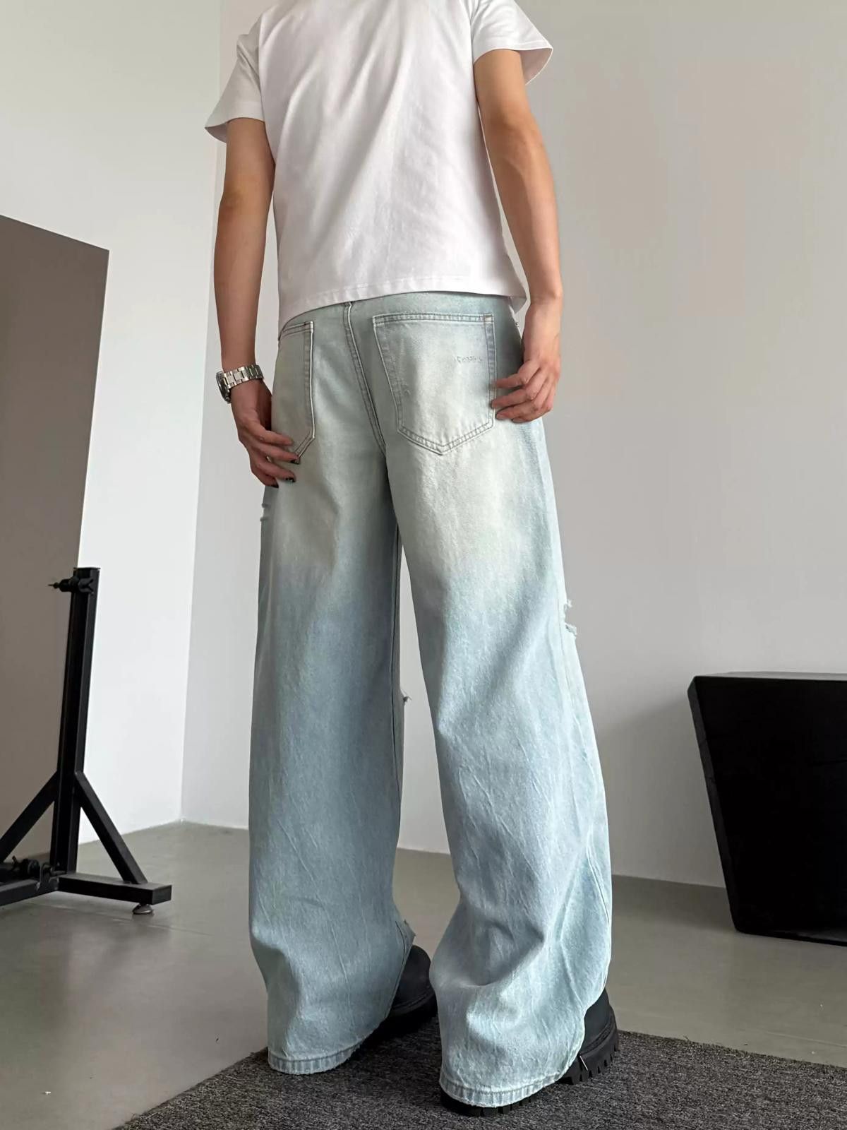 Jean Light Blue Distressed Wide Leg Jeans, Ripped Loose Fit Size US 28 / EU 44 - 4 Thumbnail