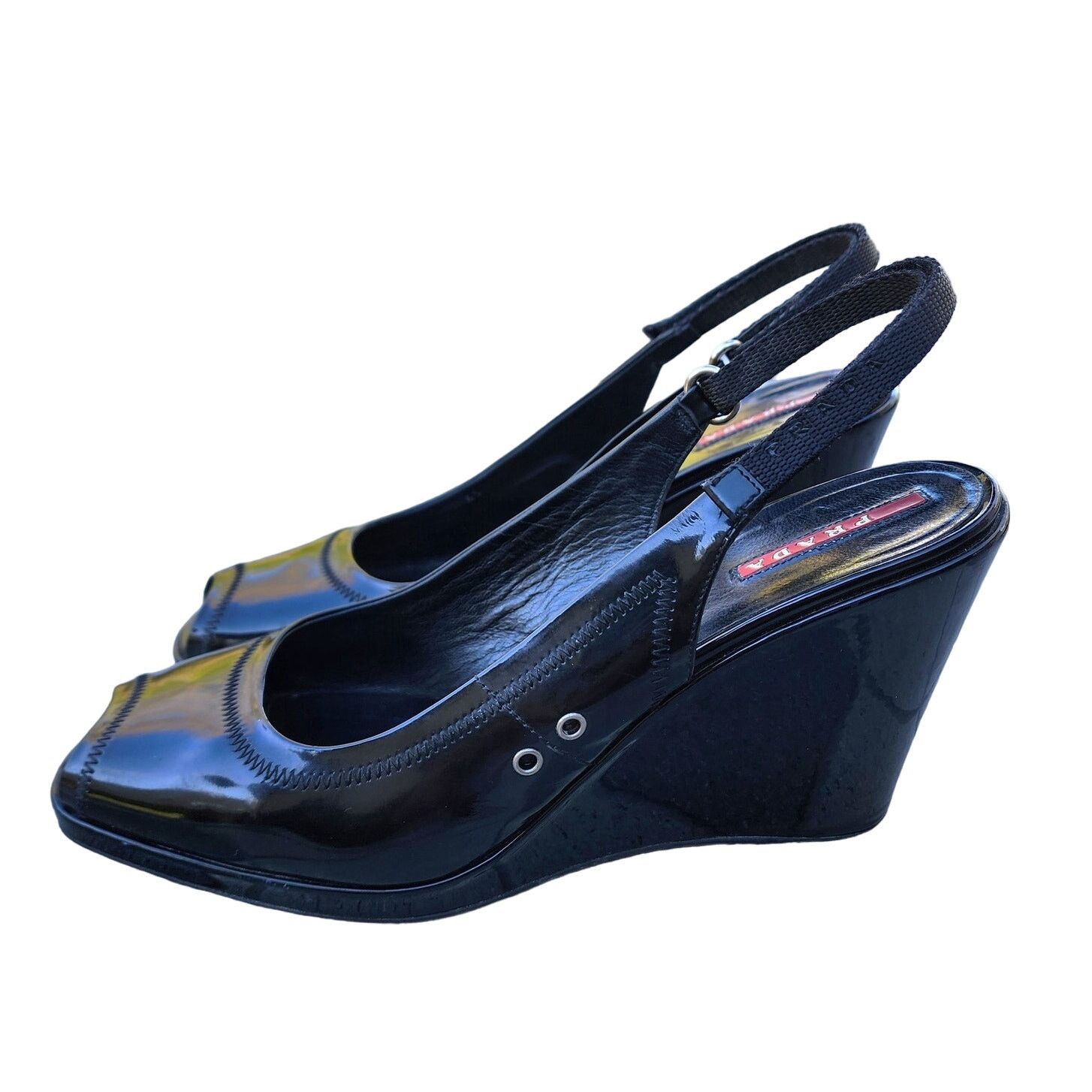 Prada Prada Black Sport Patent Leather Peep Toe Slingback Heels 41 Size US 10.5 / IT 40.5 - 13 Thumbnail