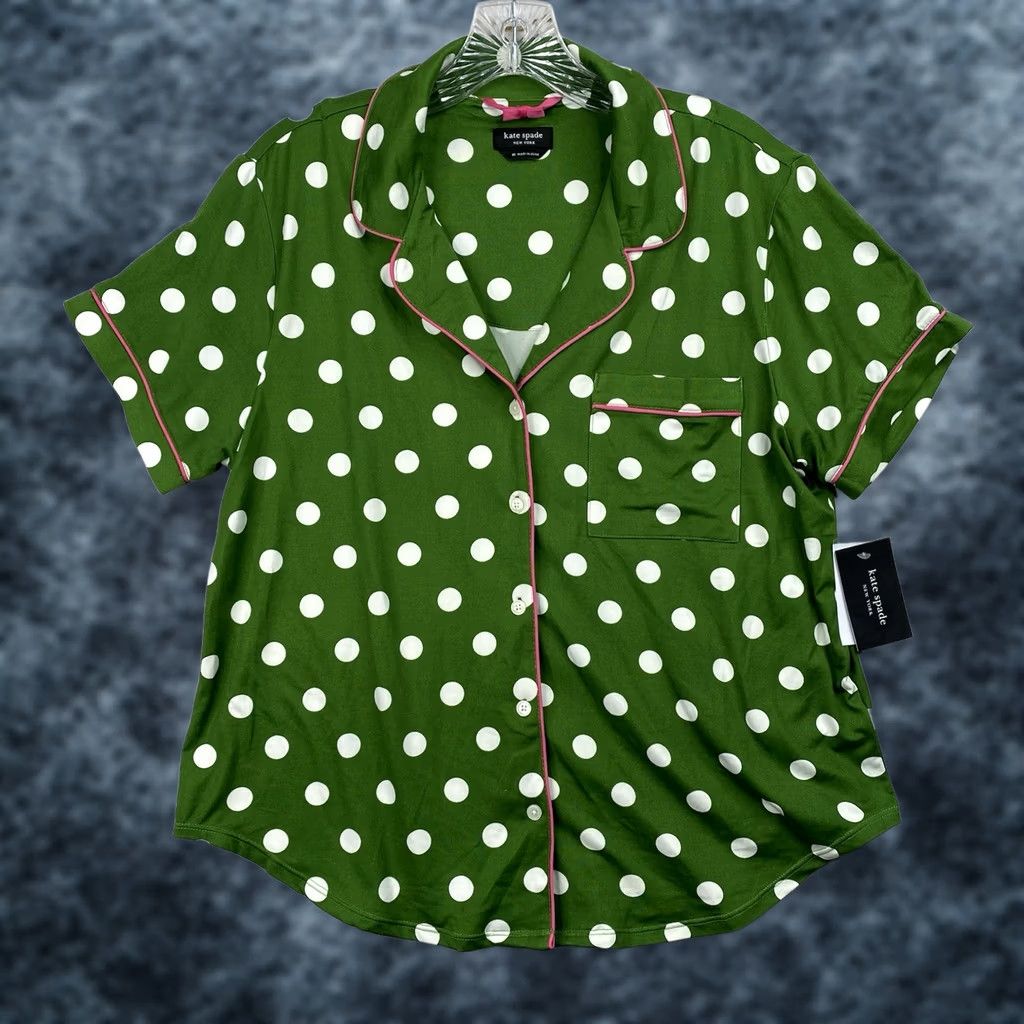 Vintage kate spade new york Womens Pajama Top Shirt M Green Polka Dot Button Up Short Sleeve NWT Size M / US 6-8 / IT 42-44 - 1 Thumbnail