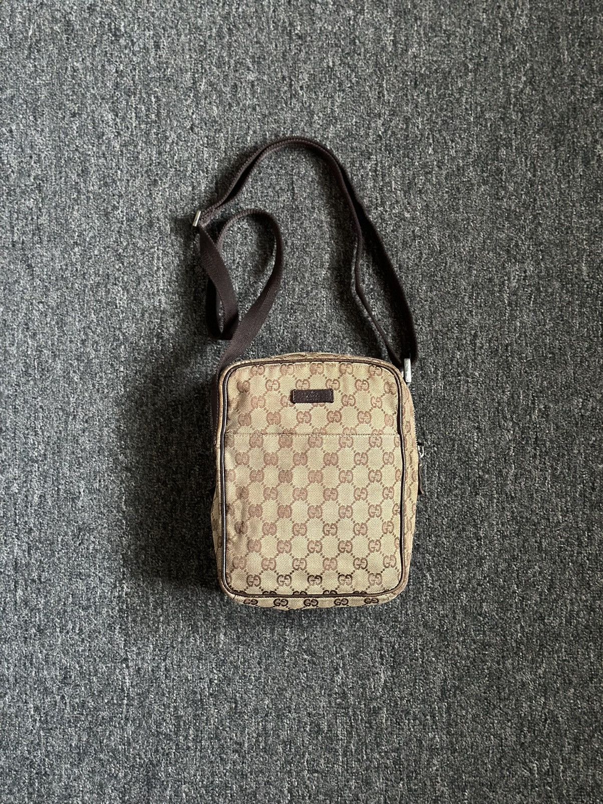 Distressed Denim x Gucci Authentic Gucci Canvas Monogram Crossbody Bag in Brown, Men's