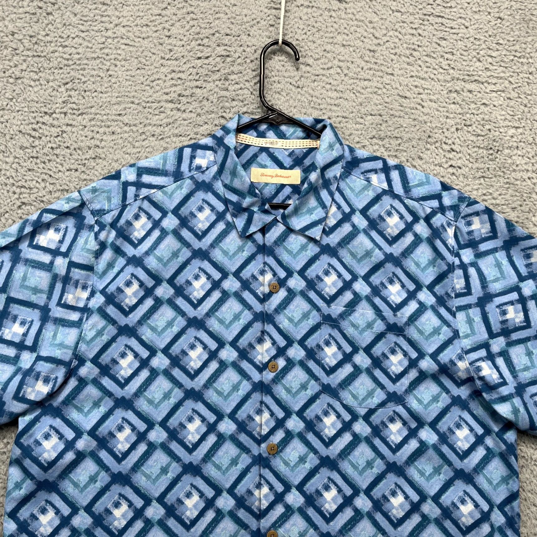 Tommy Bahama Tommy Bahama Camp Shirt Mens XL Blue Geometric Silk Hawaiian Loop Collar Cruise Shirt Size US XL / EU 56 / 4 - 4 Thumbnail