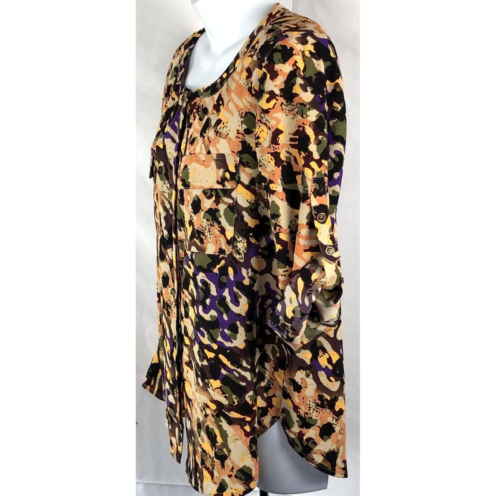 Anne Klein Anne Klein Blouse Shirt M Multicolor Geometric Long Sleeve Roll Tab Button Front Round Neck Women's Size M / US 6-8 / IT 42-44 - 3 Thumbnail