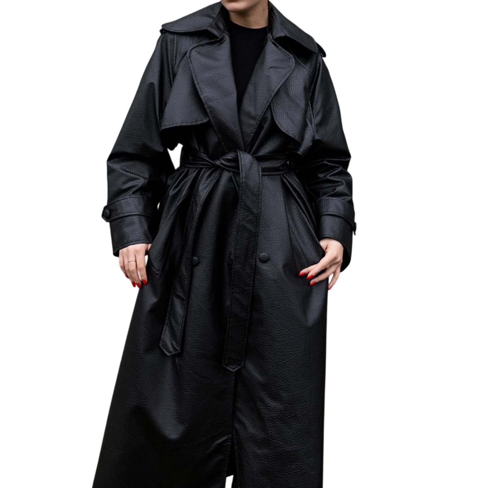 Other Black Faux Leather Trench Coat Women Long Belted Classic Size ONE SIZE - 3 Thumbnail