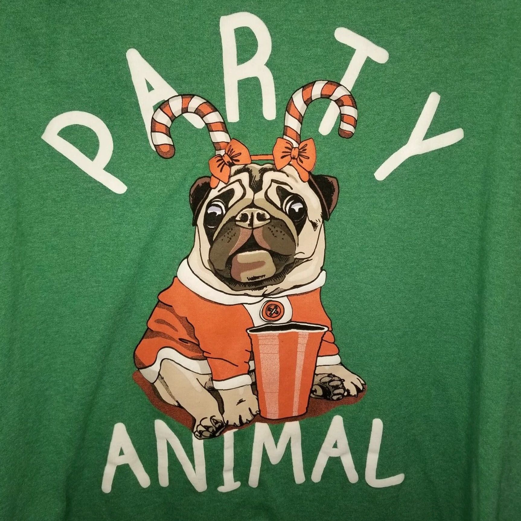 Vintage VINTAGE Party Animal Mens Green Christmas Pug Graphic T-Shirt XL Men Size US XL / EU 56 / 4 - 2 Thumbnail