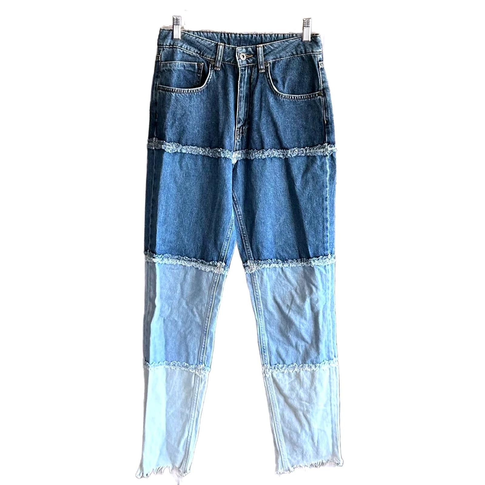 Designer Ragged Jeans Size 28 Colorblock Straight Leg Frayed Denim Size 28" / US 6 / IT 42 - 1 Thumbnail