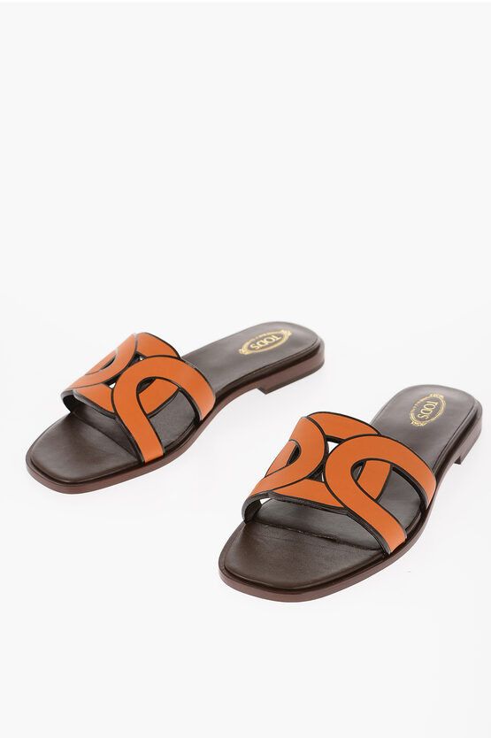 image of Tods Leather Maxi Chain Sliders With Cuir Sole in Orange, Women's (Size 10)