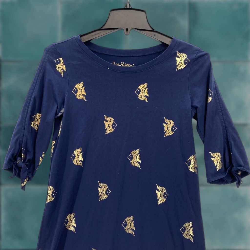 Lilly Pulitzer XS Navy Gold Foil Fish Print Tunic Dress Pima Cotton Nautical