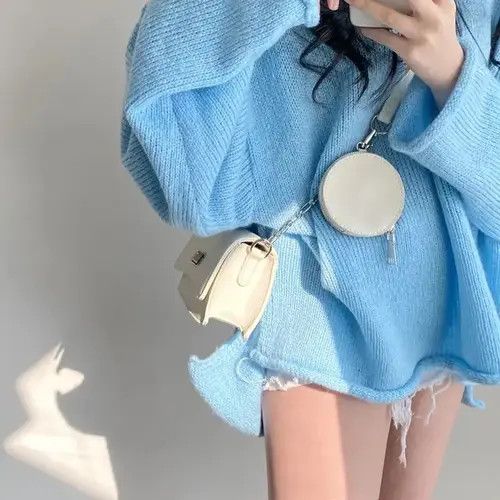 Japanese Brand × Vintage Blue Knit Jumper Oversize Long Sleeve Plain Size ONE SIZE - 3 Thumbnail