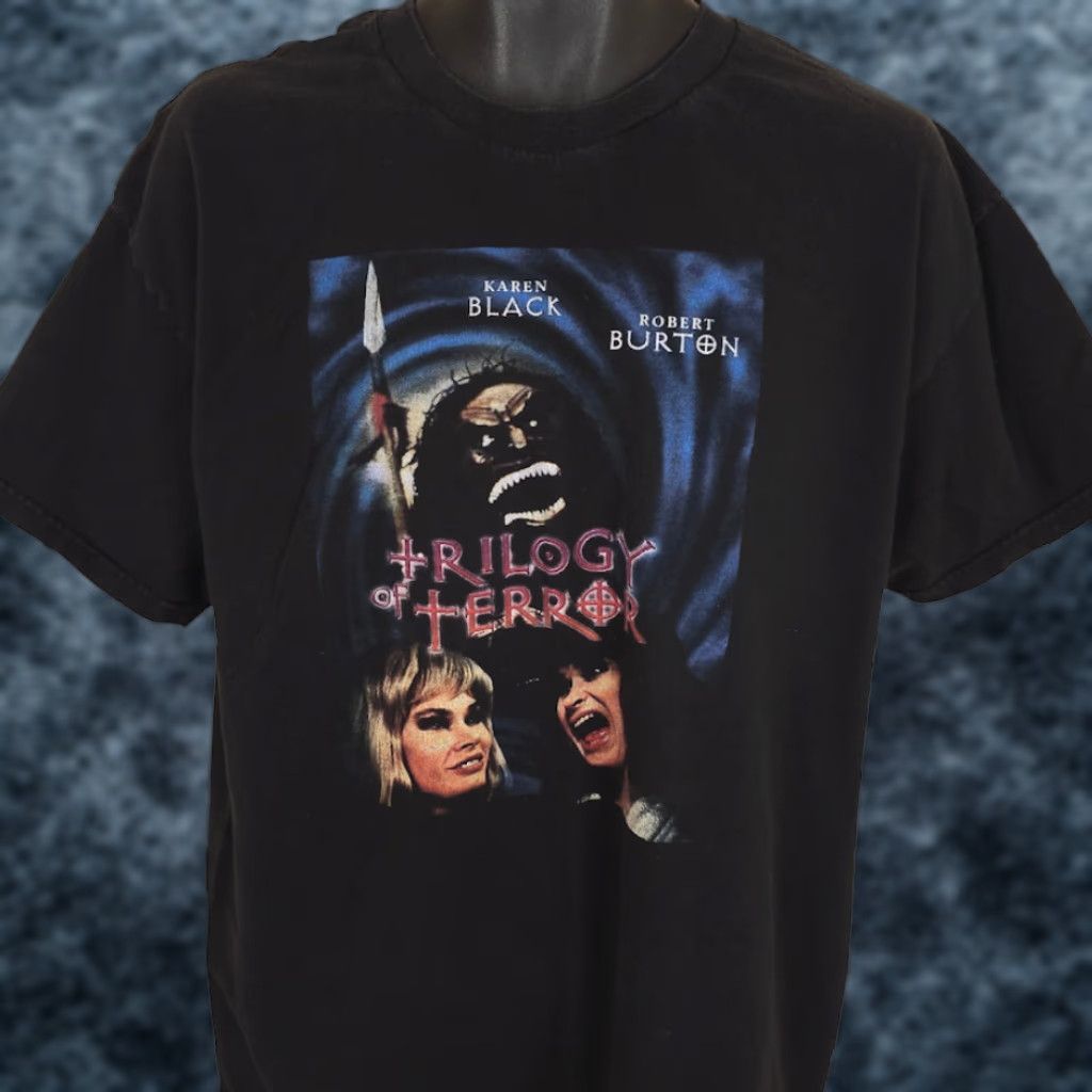 Vintage Trilogy Of Terror T Shirt Mens XL Horror Movie Tee Karen Black Halloween Retro Film Promo Promotional Shirt Mens XL Black Cotton T-Shirt Size US XL / EU 56 / 4 - 1 Thumbnail