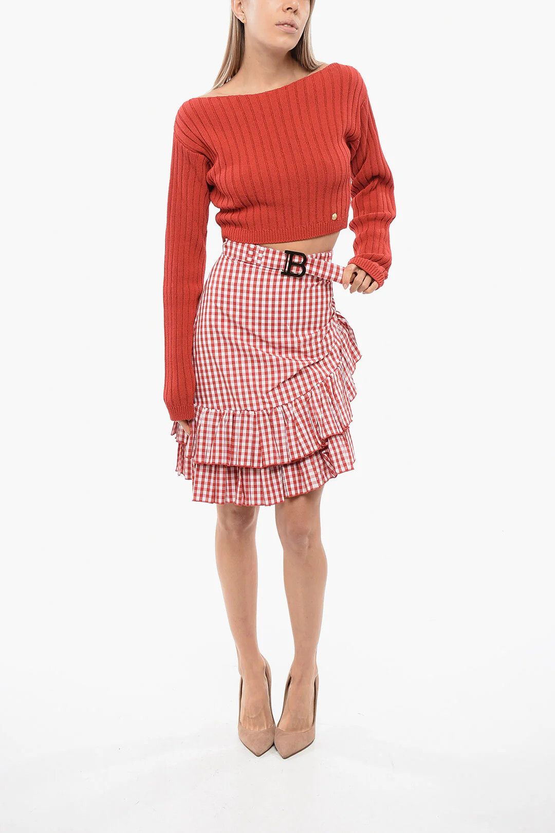 Balmain og1mm0326 Checked Skirt in Red Size 38" / US 16 / IT 52 - 4 Thumbnail