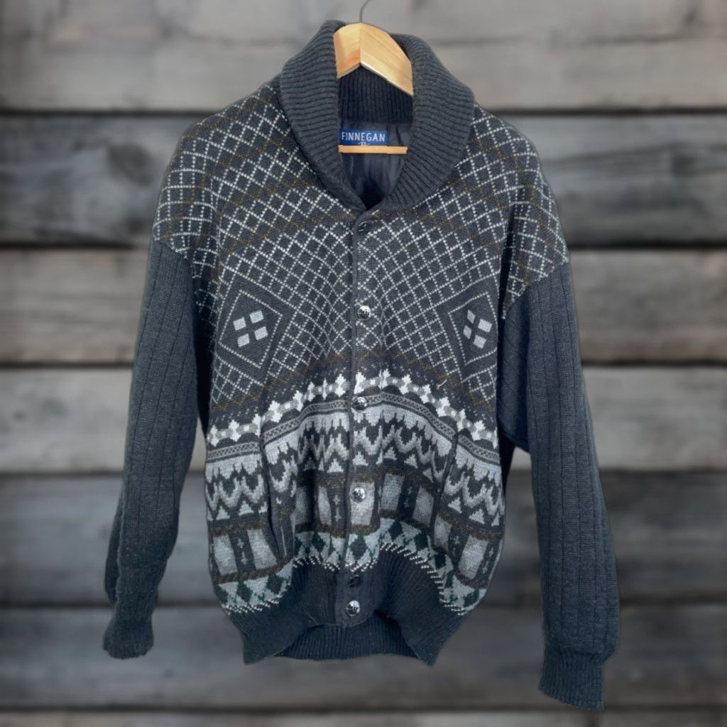 Vintage VINTAGE Finnegan Cardigan Shawl Collar Quilted-Lined Geometric Heavyweight Men’s XL Gray Knit Sweater Size US XL / EU 56 / 4 - 1 Thumbnail