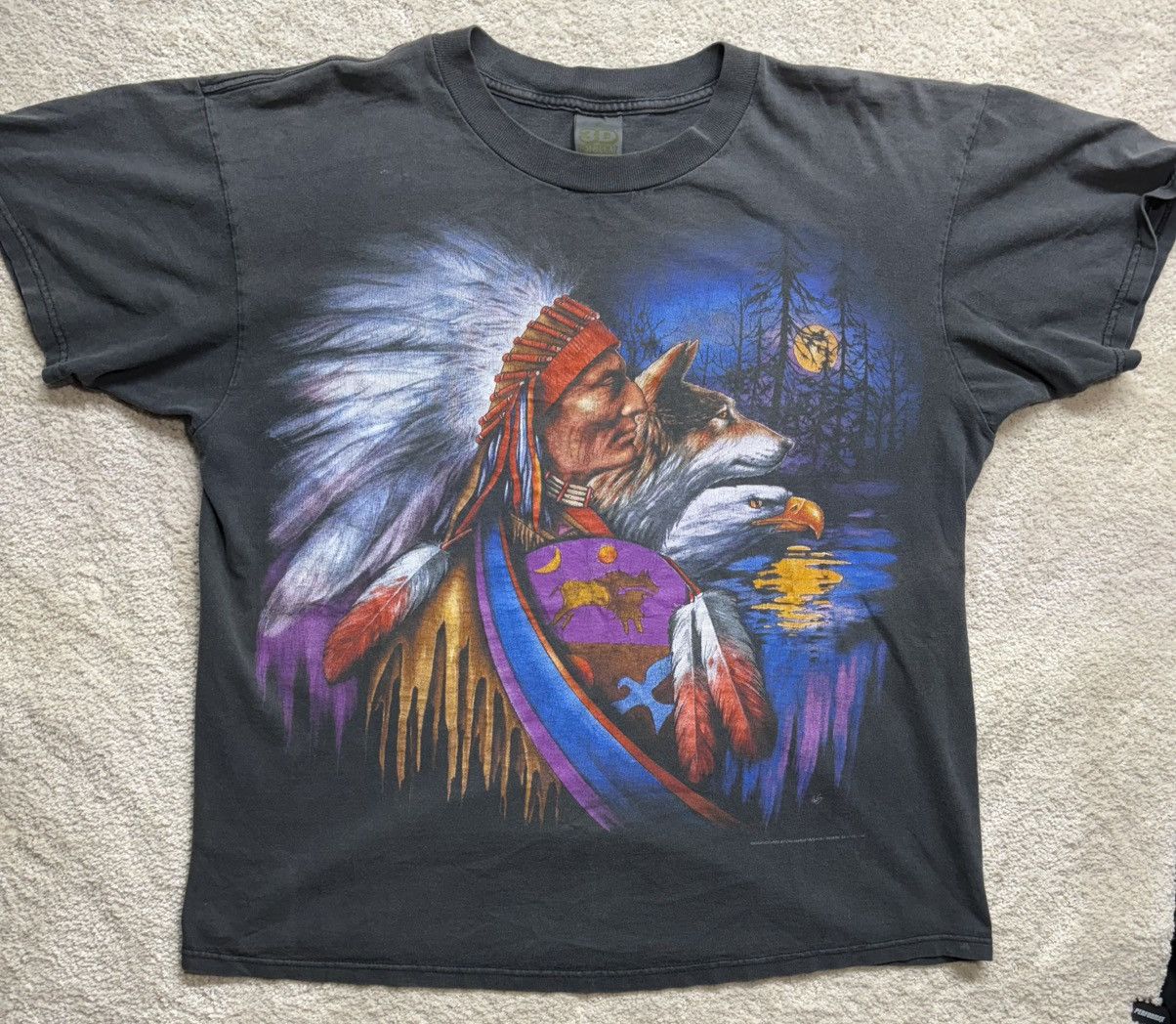 Vintage 1993 vtg 3D Emblem Native American Wolf Eagle Spirit T Shirt Size US XL / EU 56 / 4 - 1 Thumbnail