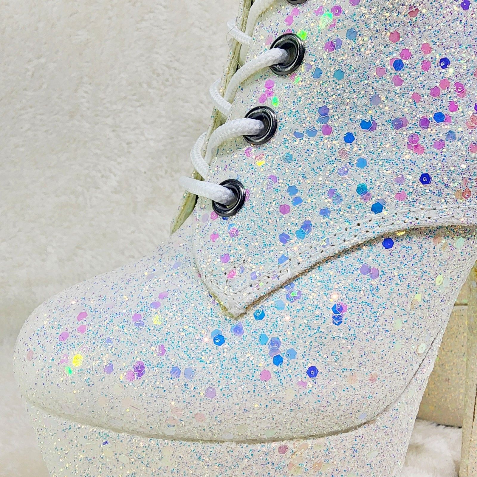Other Opal White Hologram Sequin Glitter 7" Heel Platform Boots Size US 7 / IT 37 - 6 Thumbnail