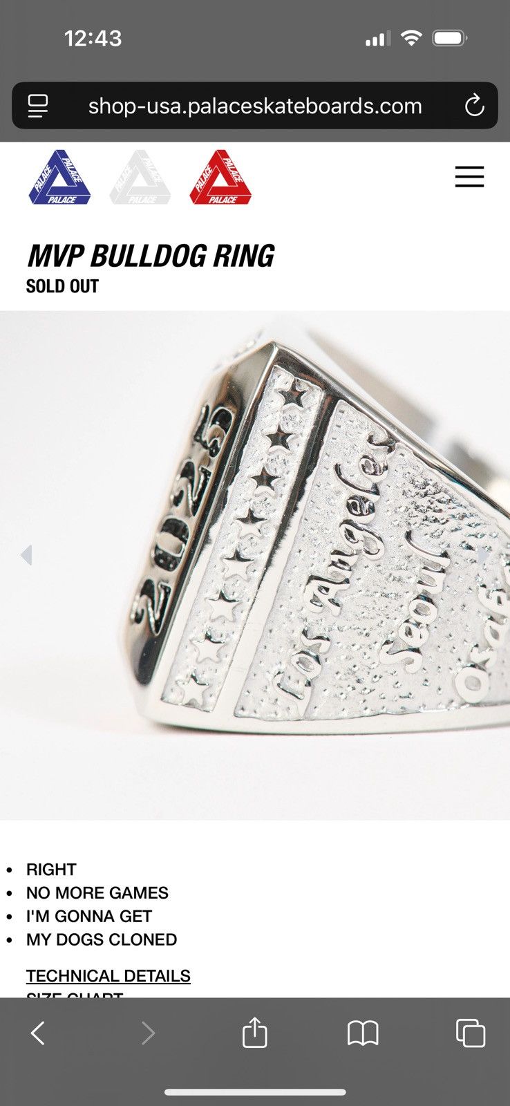 Palace MVP BULLDOG RING SIZE 9.5 | Grailed