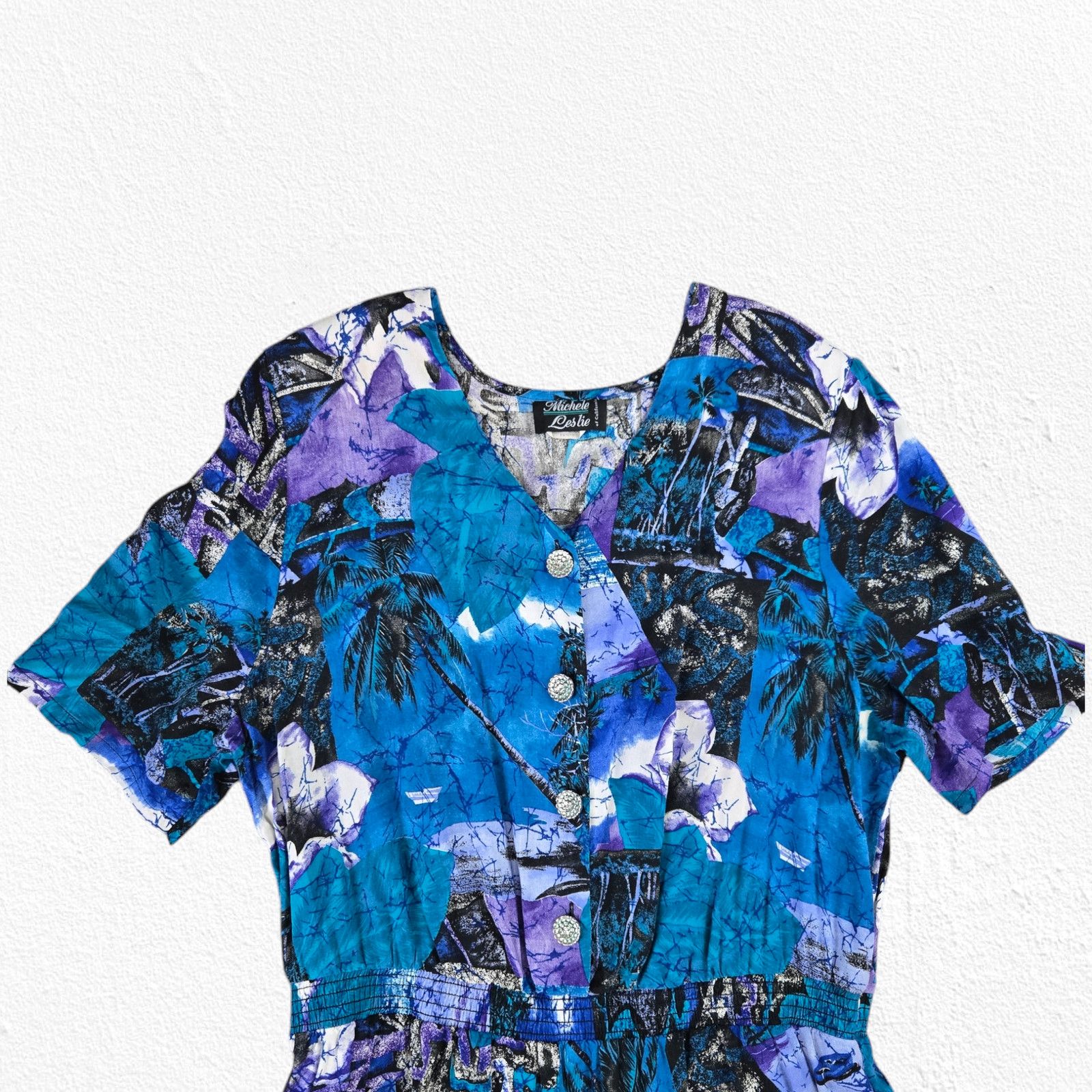 Vintage 80s Black Blue Bold Tropical Print Romper Size 1X Size 40" / US 18 - 3 Thumbnail
