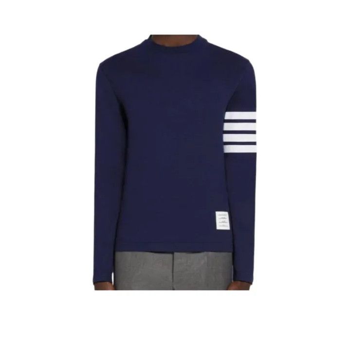 Thom Browne Navy Striped Logo Long Sleeve T-Shirt