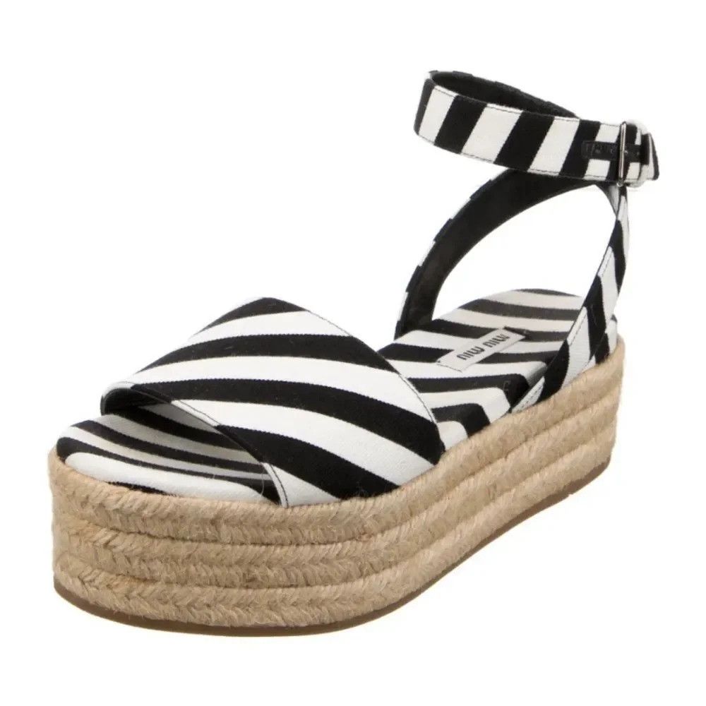 Miu Miu MIU MIU Canvas Black & White Striped Cloth Espadrilles. Buc Size US 7.5 / IT 37.5 - 2 Thumbnail