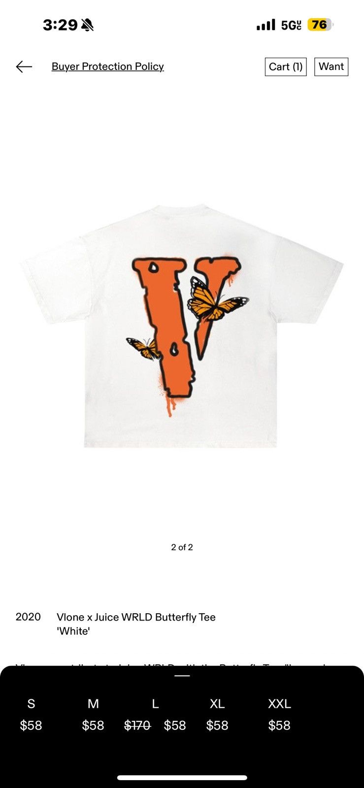 NEW Vlone x Juice Wrld Butterfly T-Shirt White (L) factory