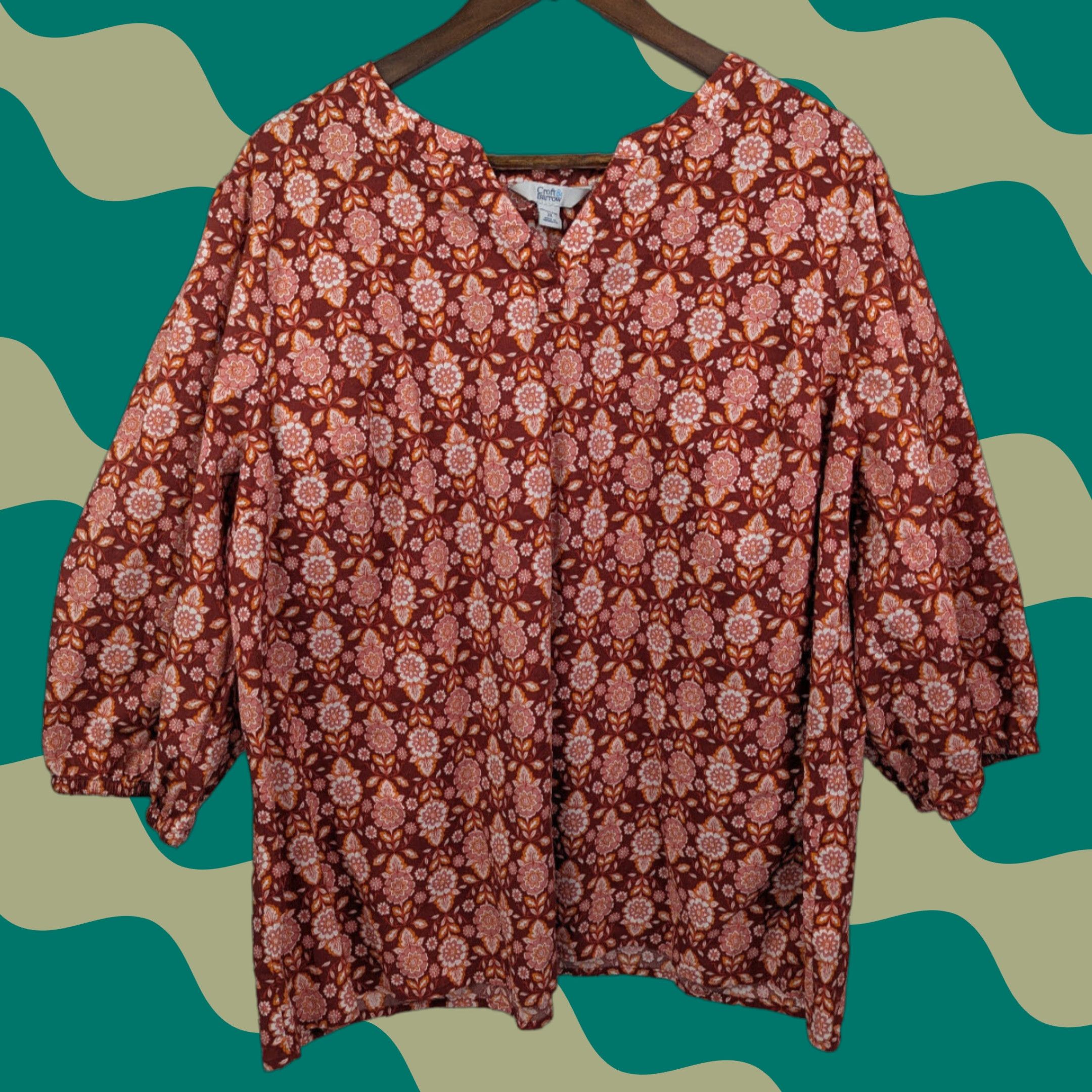 Croft & Barrow Croft & Barrow Blouse Shirt 2X Orange Floral V-Neck 3/4 Sleeve Top Women Plus Size Size XXL / US 16-18 / IT 52-54 - 1 Thumbnail