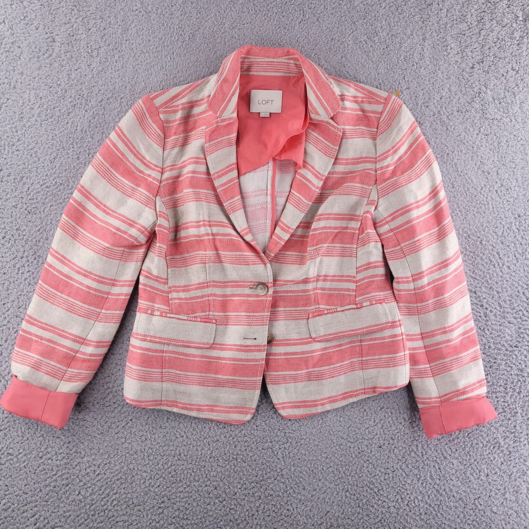 Ann Taylor Ann Taylor LOFT jacket Womens Size 2 Linen Blend Blazer Beige Stripe Pink Mango Bluff Beige Linen Blend Striped Jacket Women's Size 2 Size XS / US 0-2 / IT 36-38 - 2 Thumbnail
