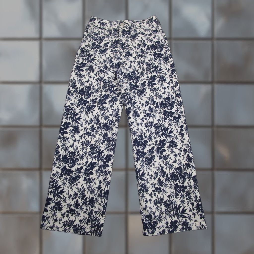 J.Crew J. Crew Jeans Womens 25 Blue White Slim Wide-Leg Floral Print Jeans Size 42" / US 20 - 1 Thumbnail