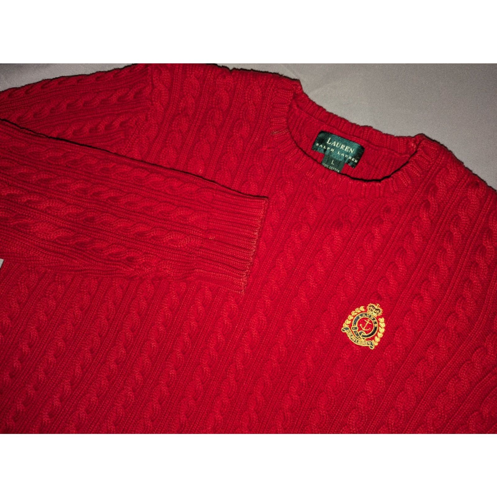Ralph Lauren LAUREN RALPH LAUREN Green Label Men's L Red Cable Knit Crest Crew Sweater Size US L / EU 52-54 / 3 - 2 Thumbnail