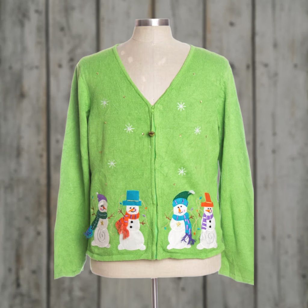 Vintage VINTAGE Green Ugly Christmas Cardigan XL Mens Womens Tiara International Ramie Cotton Cardigan 44” 24” Snowmen Christmas Flair Green Tags Ragstock Size XL / US 12-14 / IT 48-50 - 1 Preview