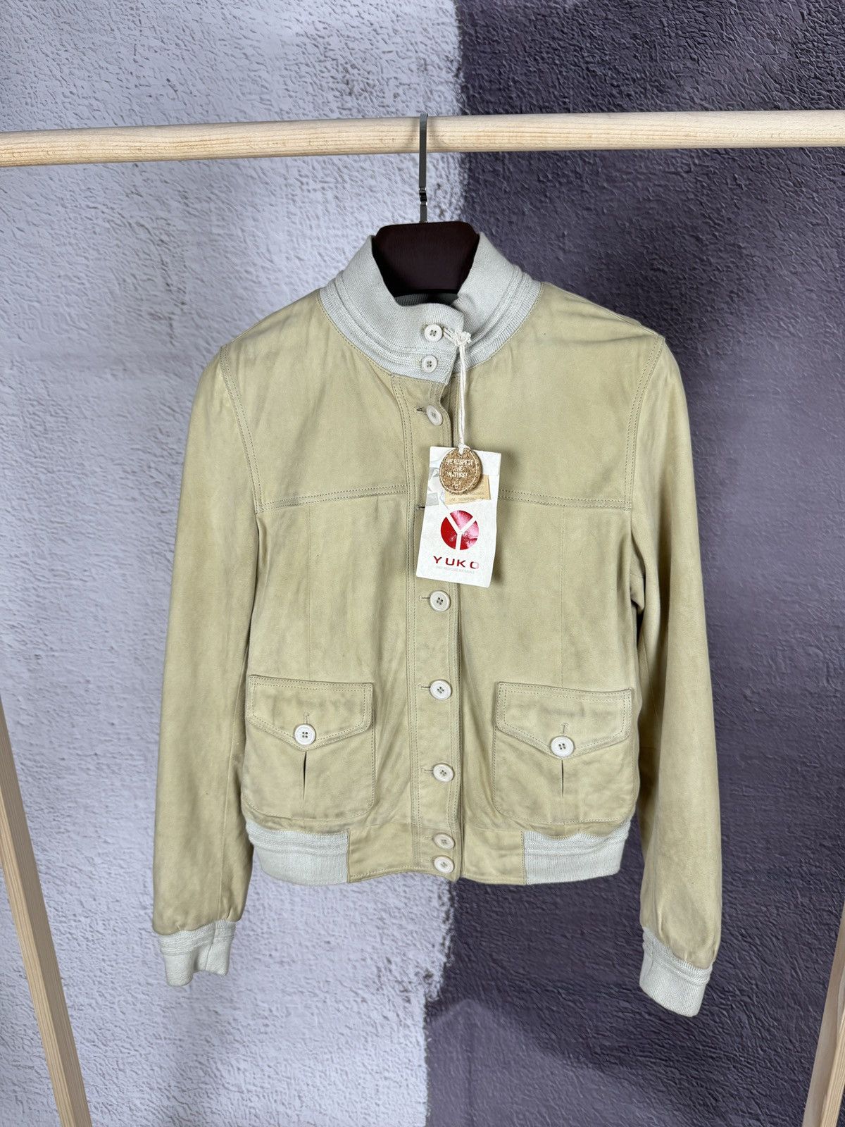 Yuko beige leather bomber jacket Japanese style