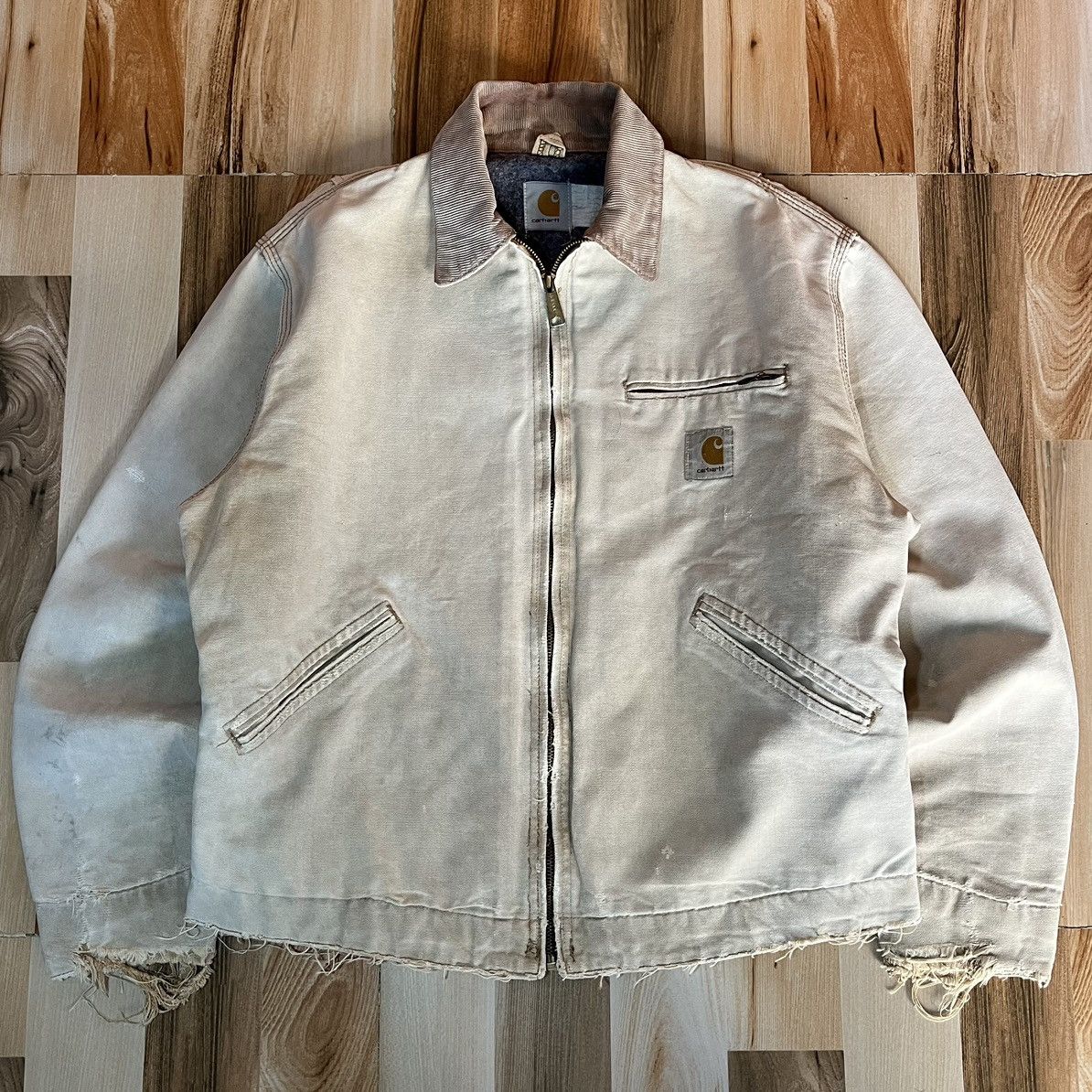 Pre-owned Carhartt X Vintage 90's Crazy Faded & Distressed Carhartt Detroit Jacket In Beige